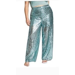 INC International Concepts JEANNIE MAI Aqua Blue Sequin Wide Leg Pants Size 16W